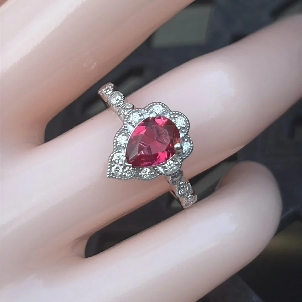 Pear Cut 1.25 tcw Genuine Ruby & Diamond Ring Sterling Silver Size 7 - Picture 3 of 14